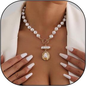 Dainty Vintage Pearls Clasp Necklace for Women Teen Girls, 14k Gold Pendant Necklaces Stacking Beaded Pearls Ball Chain Choker Necklaces Gifts for Her