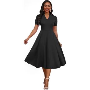 Womens Short Puff Sleeve V Neck Casual Semi-Formal Cocktail Party A-Line Dress