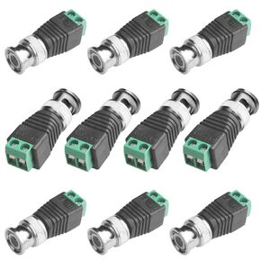 BNC Male Balun Connector 10 Pcs Coaxial Cat5 to BNC Male Connector BNC to 2 Screw Camera Terminal Male Adpater for CCTV Surveillance Video Cameras Cat5/6 Cable to BNC Male Connector