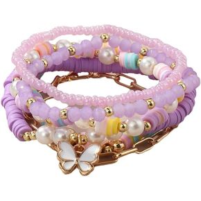 Bohemian Stackable MultiLayer Beaded Heishi Bracelets Set for Women Girl Butterfly Pearl Crystal Vinyl Clay Disc Surfer Stretchy Stretch Bangles Handmade Friendship Holiday Beach Jewelry