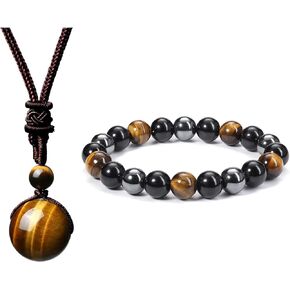 Jovivi Bundle - 2 Items Tiger Eye Healing Crystals Necklace + Hematite Black Obsidian Tiger Eye Stone Bracelets for Men Women