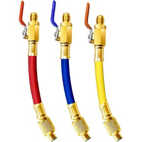 1/4" Thread HVAC Hoses Ball Valves Set, 600 PSI 7" Refrigerant Charging Hoses, 3Pcs Color Coded Low Loss Fittings Kit Fit for R12 R22 R134A R410A Air Condition Refrigeration Charging