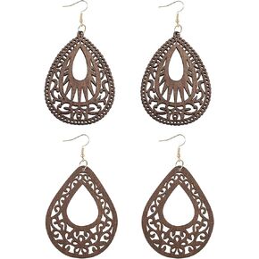 Wood Teardrop Earrings 2 Pairs Natural Wooden Dangle Earrings Gifts for Women Girls