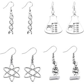 4 Pairs Unique Charm Electroplating Alloy Earrings Fashion Individual Bottle Hexagonal Gene Sequence and Microscope Earrings Punk Simulation Gift