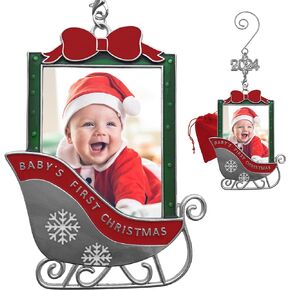 Baby's 1st Christmas Photo Ornament 2024 - New Baby First Xmas - Picture Keepsake Sleigh Ornament - Newborn Infant - Gift/Storage Bag Included