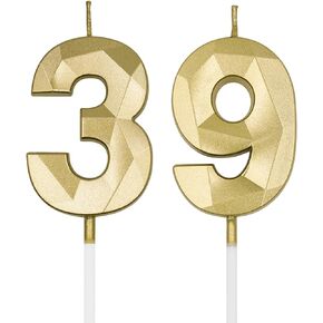 39th & 93rd Birthday Candles for Cake, Gold Number 39 93 3D Diamond Shaped Candle Birthday Decorations Party Supplies for Women or Men