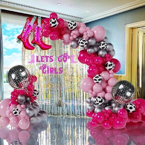 Cowgirl Balloons Arch Garland Kit For Last Rodeo Bachelorette Sash Supply Birthday Party Decorations,Hot Pink Rose Red Silver Cow Print Cowgirl Boot Disco Ball Balloon,Let’S Go Girl Banner Backdrop