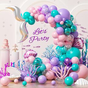 138 Pcs Pink Purple Blue Balloon Arch with Shell Mermaid Tail Balloons for Little Mermaid Birthday Party Decorations