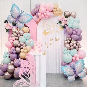 Butterfly Balloon Arch Kit 142pcs Pastel Pink and Purple Balloon with Butterfly Stickers Large Butterfly Foil Balloon for Girl Lavender Baby Shower Wedding Birthday Party Decorations