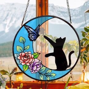 AJHMGJGOBlack Cat Decor Stained Glass Panels Window Hanging, Butterfly Suncatcher for Window, Halloween Decor Black Funny Cat Themed Gift for Cat Lovers, Cat Memorial Gifts for Loss of Cat