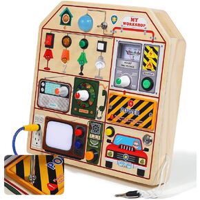 Montessori Wooden Busy Board for Toddlers 1 2 3 Years Old, Wooden Sensory Toddler Toys with LED Light Switches, TV Radio Telegram and Car Driving, Travel Toys Birthday for Boys Girls