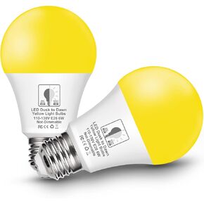 Dusk to Dawn LED Yellow Bug Light Bulb, 6W(40W Equivalent) Yellow Bug Light Bulbs for Porch Lights Outdoor, Auto On/Off A19 LED Bug Lights, Photocell Sensor, E26 Base, 2 Pack