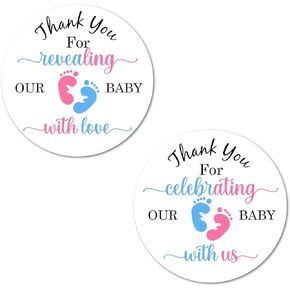 40 Thank You for Revealing Our Baby with Love Stickers, 2 Inch Big Round Glossy Labels, Pink and Blue Footprints Theme for Gender Reveal, Great for Party Favors, Tags, Games and Supplies. Made in USA