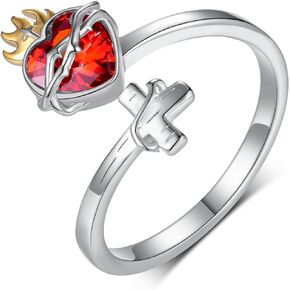 Sacred Heart of Jesus Ring 925 Sterling Silver Sacred Heart Adjustable Open Rings Christian Cross Religious Jewelry Amulet for Women Teens Girls Mom