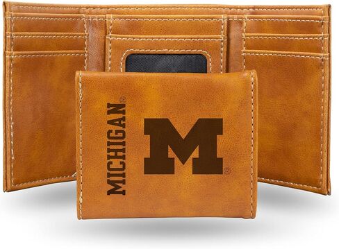 محفظة NCAA Michigan Wolverines للرجال بنية ثلاثية الطي - شعار الفريق الفاخر 10 جيوب منقوش بالليزر على جلد نباتي - تصميم بسيط، نافذة لبطاقة الهوية، حامل بطاقة الائتمان - هدية مثالية للرجال in Saudi Arabia