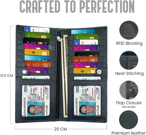 Real Leather Long Wallet for Men & Women Slim 2 ID Window RFID Blocking Credit Card Holder Genuine Leather, Black in Saudi Arabia