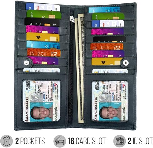 Real Leather Long Wallet for Men & Women Slim 2 ID Window RFID Blocking Credit Card Holder Genuine Leather, Black in Saudi Arabia