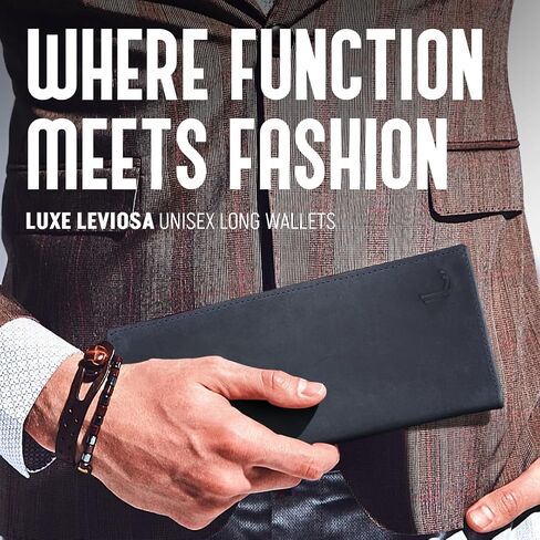 Real Leather Long Wallet for Men & Women Slim 2 ID Window RFID Blocking Credit Card Holder Genuine Leather, Black in Saudi Arabia