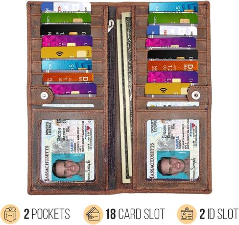 Real Leather Long Wallet for Men & Women Slim 2 ID Window RFID Blocking Credit Card Holder Genuine Leather, Black in Saudi Arabia
