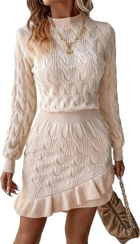GORGLITTER Women's Round Neck Long Sleeve Sweater Dress Ruffle Hem High Waist Knitted Mini Dresses in Saudi Arabia