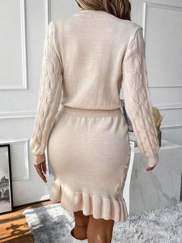 GORGLITTER Women's Round Neck Long Sleeve Sweater Dress Ruffle Hem High Waist Knitted Mini Dresses in Saudi Arabia