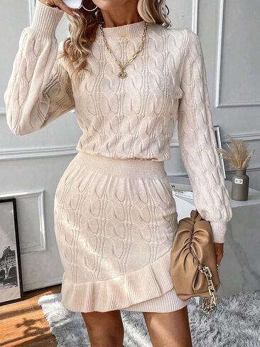 GORGLITTER Women's Round Neck Long Sleeve Sweater Dress Ruffle Hem High Waist Knitted Mini Dresses in Saudi Arabia
