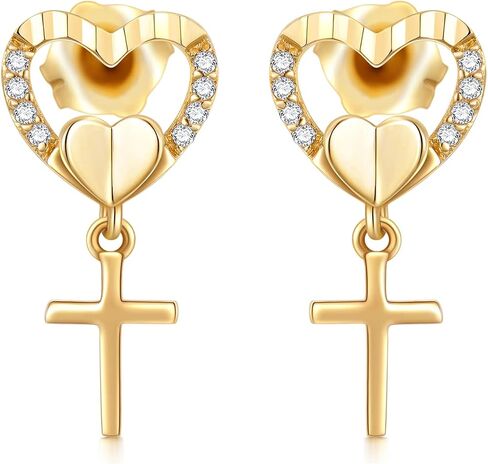 SISGEM 14k Gold Natural Diamond Heart Cross Earrings for Women Dangle, Religious Stud Drop Jewelry Confirmation Gifts for Her in Saudi Arabia