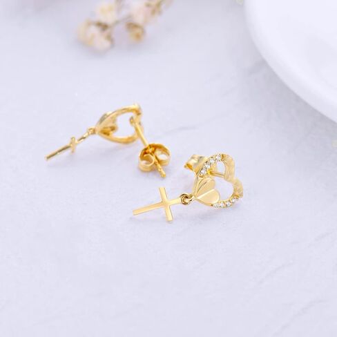 SISGEM 14k Gold Natural Diamond Heart Cross Earrings for Women Dangle, Religious Stud Drop Jewelry Confirmation Gifts for Her in Saudi Arabia