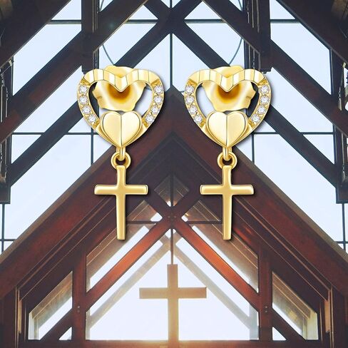 SISGEM 14k Gold Natural Diamond Heart Cross Earrings for Women Dangle, Religious Stud Drop Jewelry Confirmation Gifts for Her in Saudi Arabia