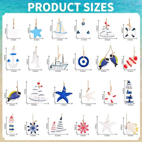 24 قطعة من الزينة البحرية المعلقة للصيف، مجموعة زينة للشاطئ على شكل قارب مصغر، زخارف بحرية صغيرة للمحيط الساحلي لشجرة معلقة لديكور شبكة الصيد المنزلية in Kuwait