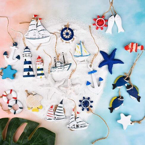 24 قطعة من الزينة البحرية المعلقة للصيف، مجموعة زينة للشاطئ على شكل قارب مصغر، زخارف بحرية صغيرة للمحيط الساحلي لشجرة معلقة لديكور شبكة الصيد المنزلية in Kuwait