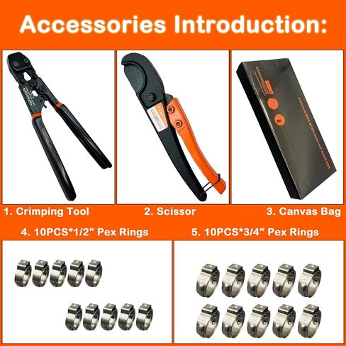 PEX Pipe Clamp Cinch Tool Crimping Tool Crimper for Stainless Steel Clamps from 3/8-inch to 1-inch with 1/2-inch 20PCS and 3/4-inch 10PCS SS PEX Clamps (Plastic Box Package) in Saudi Arabia