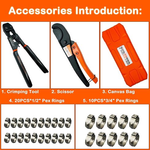 PEX Pipe Clamp Cinch Tool Crimping Tool Crimper for Stainless Steel Clamps from 3/8-inch to 1-inch with 1/2-inch 20PCS and 3/4-inch 10PCS SS PEX Clamps (Plastic Box Package) in Saudi Arabia