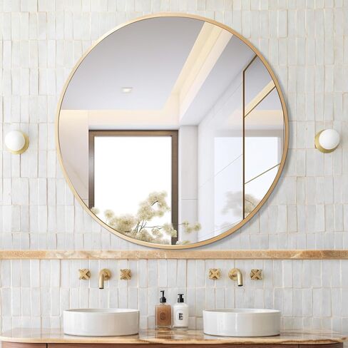 24 Inch Black Round Wall Mirror, Bathroom Metal Frame Hanging Circle Mirror for Bedroom/Living Room/Vanity/Washroom/Entryway in Kuwait