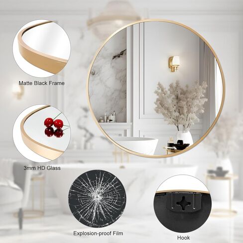 24 Inch Black Round Wall Mirror, Bathroom Metal Frame Hanging Circle Mirror for Bedroom/Living Room/Vanity/Washroom/Entryway in Kuwait