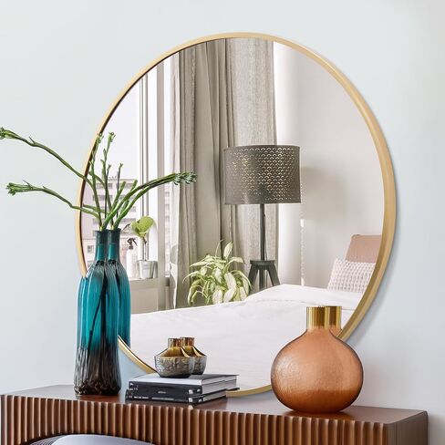 24 Inch Black Round Wall Mirror, Bathroom Metal Frame Hanging Circle Mirror for Bedroom/Living Room/Vanity/Washroom/Entryway in Kuwait