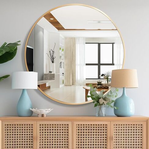 24 Inch Black Round Wall Mirror, Bathroom Metal Frame Hanging Circle Mirror for Bedroom/Living Room/Vanity/Washroom/Entryway in Kuwait