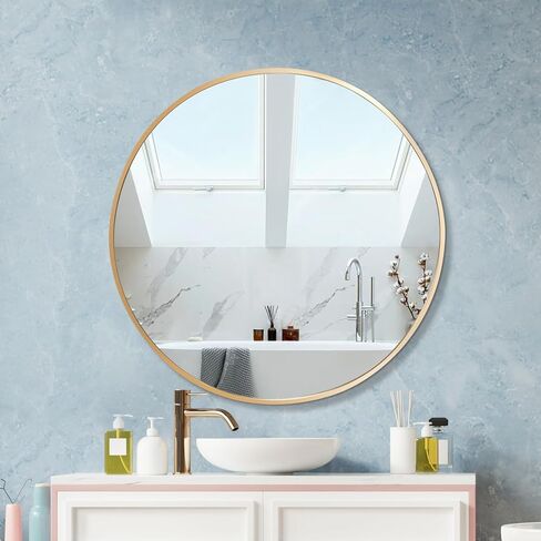 24 Inch Black Round Wall Mirror, Bathroom Metal Frame Hanging Circle Mirror for Bedroom/Living Room/Vanity/Washroom/Entryway in Kuwait