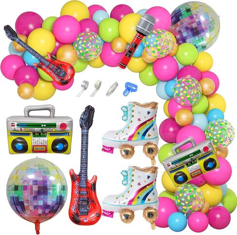 Amandir 90s 80s Theme Party Decorations, 90Pcs Balloon Arch Kit 6PCS Inflatable Retro Disco Ball Microphone Rainbow Roller Skate Boom Box Guitar Balloon for Back to 90s 80s Hip Hop Birthday Supplies in Saudi Arabia