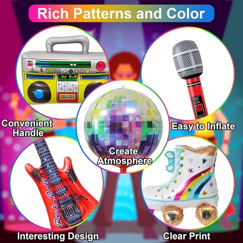 Amandir 90s 80s Theme Party Decorations, 90Pcs Balloon Arch Kit 6PCS Inflatable Retro Disco Ball Microphone Rainbow Roller Skate Boom Box Guitar Balloon for Back to 90s 80s Hip Hop Birthday Supplies in Saudi Arabia