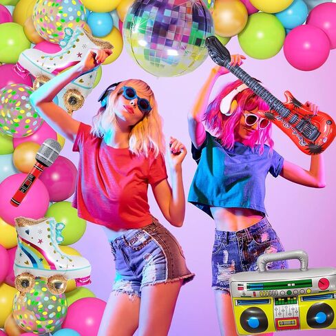 Amandir 90s 80s Theme Party Decorations, 90Pcs Balloon Arch Kit 6PCS Inflatable Retro Disco Ball Microphone Rainbow Roller Skate Boom Box Guitar Balloon for Back to 90s 80s Hip Hop Birthday Supplies in Saudi Arabia