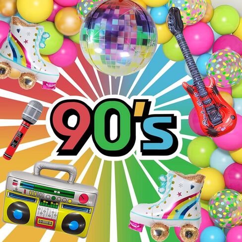 Amandir 90s 80s Theme Party Decorations, 90Pcs Balloon Arch Kit 6PCS Inflatable Retro Disco Ball Microphone Rainbow Roller Skate Boom Box Guitar Balloon for Back to 90s 80s Hip Hop Birthday Supplies in Saudi Arabia