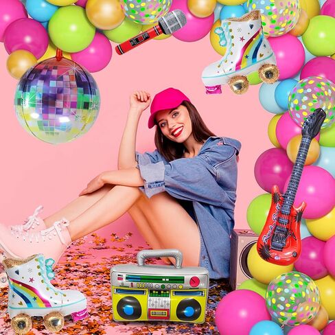 Amandir 90s 80s Theme Party Decorations, 90Pcs Balloon Arch Kit 6PCS Inflatable Retro Disco Ball Microphone Rainbow Roller Skate Boom Box Guitar Balloon for Back to 90s 80s Hip Hop Birthday Supplies in Saudi Arabia