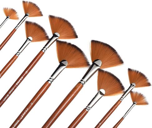 مجموعة فرش طلاء مروحة الفنان، 9 قطع فرشاة احترافية ناعمة مضادة للتساقط لمجموعات طلاء الغواش بألوان زيت الأكريليك المائية مع شعر نايلون بمقبض طويل in Kuwait