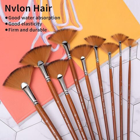 مجموعة فرش طلاء مروحة الفنان، 9 قطع فرشاة احترافية ناعمة مضادة للتساقط لمجموعات طلاء الغواش بألوان زيت الأكريليك المائية مع شعر نايلون بمقبض طويل in Kuwait