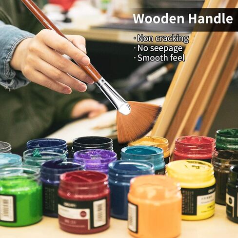 مجموعة فرش طلاء مروحة الفنان، 9 قطع فرشاة احترافية ناعمة مضادة للتساقط لمجموعات طلاء الغواش بألوان زيت الأكريليك المائية مع شعر نايلون بمقبض طويل in Kuwait