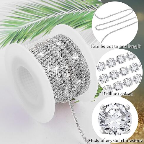 10 ياردات 2 مم من حجر الراين الكريستالي سلسلة ألماس، سلسلة زخرفية قريبة من حجر الراين الفضي من حجر الراين للحرف اليدوية، الخياطة، المجوهرات، ملابس الزفاف DIY الديكور (فضي) in Kuwait