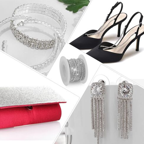 10 ياردات 2 مم من حجر الراين الكريستالي سلسلة ألماس، سلسلة زخرفية قريبة من حجر الراين الفضي من حجر الراين للحرف اليدوية، الخياطة، المجوهرات، ملابس الزفاف DIY الديكور (فضي) in Kuwait