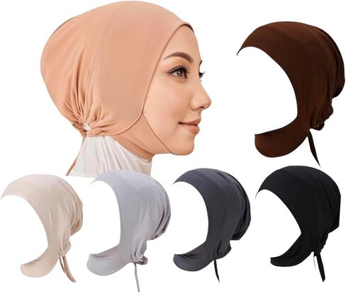Solid Color 5- Pack Full Cover Inner Hijab Cap. Under Scarf Cap for Muslim Women. Dark Gray,Gray,Black, Coffee and Beige Color Inner Hijab Cap… in Kuwait