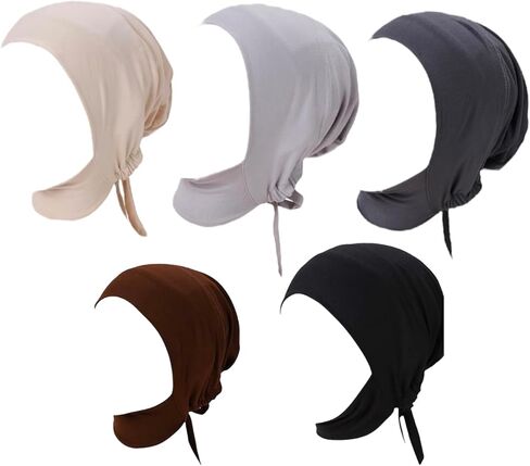 Solid Color 5- Pack Full Cover Inner Hijab Cap. Under Scarf Cap for Muslim Women. Dark Gray,Gray,Black, Coffee and Beige Color Inner Hijab Cap… in Kuwait